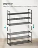 Two black shoe racks are shown, with arrows indicating how they can be stacked. Anteprima dell’immagine prodotto