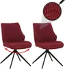 Two red swivel chairs with black legs are shown against a white background. A magnified view of the fabric texture is shown in the top right corner. An arrow indicates the swivel motion of the chair on the left. Anteprima dell’immagine prodotto