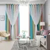 A living room with rainbow curtains, a sofa, and a coffee table. Náhled obrázku produktu