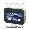 A digital camera with a touchscreen display, showing the time and date, with icons at the bottom. Text highlights battery capacity and charging options. Produktbild-Vorschau