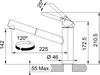 Technical drawing of a faucet with dimensions and angles indicated. Produktbild-Vorschau