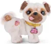 A plush toy pug with its tongue sticking out, wearing a yellow collar with a tag. Voir les images du produit