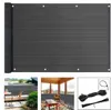 A collage showing a rolled-up privacy screen, a balcony with the screen installed, an interior porch with the screen installed, and a bundle of ties. Produktbild-Vorschau