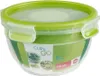 A transparent salad box with a green lid and clips, featuring product branding and imagery. Produktbild-Vorschau