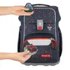 Hands are shown attaching decorative patches to a backpack. Produktbild-Vorschau