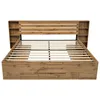 A wooden bed frame with a headboard featuring shelves and drawers. Náhled obrázku produktu
