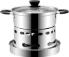 A stainless steel alcohol stove with a pot and lid, presented on a white background. Podgląd zdjęcia produktu