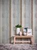 A decorative wallpaper with a wood-plank design, featuring a small wooden bench with decorative items. Náhľad obrázku produktu