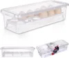 A collage of images showing a clear plastic egg container with a lid, designed to hold 12 eggs. The container is shown from different angles, including a close-up of the lid and a view of the interior tray. Podgląd zdjęcia produktu