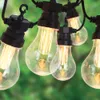 A close-up shot of a string of LED garden lights with clear bulbs and visible filaments, set against a blurred green background. Anteprima dell’immagine prodotto