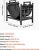 A black metal firewood rack with a fabric carrier, featuring a deer and tree silhouette on one side. Dimensions and specifications are shown with text overlays. Produktbild-Vorschau