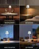 Collage showing a portable LED desk lamp in four different settings: restaurant, bedroom, bar counter, and outdoor. Produktbild-Vorschau