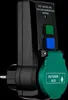 A black and green electrical adapter with a plug and socket, set against a black background. Produktbild-Vorschau