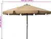 A taupe-colored umbrella with a wooden pole is shown against a white background, with dimensions indicated by purple lines and text. Náhľad obrázku produktu