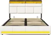 A white upholstered bed frame with a slatted base and a wooden headboard with yellow LED lighting. Náhľad obrázku produktu