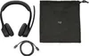 A black Logitech Zone 305 headset, a black carrying pouch, and a black USB-C cable are laid out on a white background. Produktbild-Vorschau