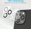A close-up marketing image showing a transparent camera lens protector for an iPhone 14 Pro, with text overlay highlighting its features. Produktbild-Vorschau