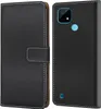 A black flip-style phone case is shown, with the phone inside on the right side and the cover closed on the left. Produktbild-Vorschau