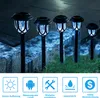 Solar garden lights are illuminated at night, with a row of icons at the bottom indicating features. Produktbild-Vorschau
