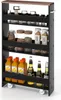 A black and brown four-tier rolling storage cart filled with various food items and beverages. Podgląd zdjęcia produktu