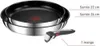 Two stacked frying pans with a detachable handle and text labels indicating sizes and quantity. Náhľad obrázku produktu