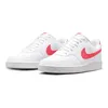 A pair of white Nike Court Vision Lo NN sneakers with coral Nike swoosh logos and accents, presented on a white background. Produktbild-Vorschau