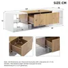 A diagram showing the dimensions of a white and wood-effect media console. Voir les images du produit