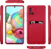 A collage of images showing a red phone case from different angles, including the front with a phone screen, the back with a card slot, and the sides. Produktbild-Vorschau