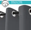 Close-up of gray outdoor curtains with silver grommets on a curtain rod, with a text overlay describing the product. Produktbild-Vorschau