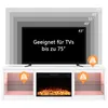 A white TV stand with an electric fireplace and a television on top, with size and weight indicators. Voir les images du produit