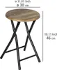 A folding stool with a wooden seat and black metal legs, shown with dimensions indicated by text overlays. Produktbild-Vorschau