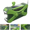 A multi-image collage showcasing a green emergency radio with a solar panel and flashlight, along with close-up views of its features and how it can be used. Produktbild-Vorschau