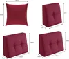 A collage of images showing different sizes and orientations of red wedge pillows, with dimensions indicated by measurement lines and text. Produktbild-Vorschau