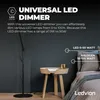 A black LED dimmer is shown next to a bedside table and bed, with marketing text overlayed. Produktbild-Vorschau
