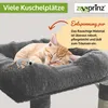 A cat sleeping on a cat tree with a toy mouse. Produktbild-Vorschau