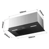 A 3D render of a black and silver range hood with dimensions indicated. Anteprima dell’immagine prodotto