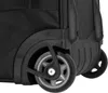Close-up of the wheels and lower part of a black rolling suitcase. Náhled obrázku produktu