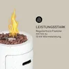 Close-up of a gas fire pit with flames, showing decorative stones and text highlighting its power. Produktbild-Vorschau