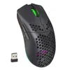 A black wireless gaming mouse with RGB lighting and a USB receiver is shown against a white background. Podgląd zdjęcia produktu