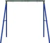 A blue and green metal swing set frame against a white background. Produktbild-Vorschau