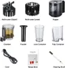 A collage of various parts and accessories for a juicer, along with a recipe book and cleaning brush. Produktbild-Vorschau