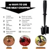 A list of 10 ways to use a meat chopper, accompanied by images of the chopper being used with meat, fruit, and vegetables. Produktbild-Vorschau