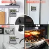 A collage of four images showing different uses of a digital thermometer, including hanging on a hook, attached to a refrigerator, on a countertop, and being used in an oven. Produktbild-Vorschau