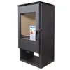 A black wood-burning stove with a glass door and an energy efficiency label attached to the door. Produktbild-Vorschau