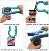 A collage of four images demonstrating how to use a multi-functional jar and can opener. Produktbild-Vorschau