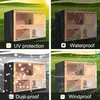 A collage of four images showing a rabbit hutch covered by a protective cover in different weather conditions. Produktbild-Vorschau