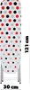 A polka-dot ironing board standing upright, with dimensions indicated. Produktbild-Vorschau