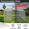 A greenhouse shown in two conditions: one side in clear weather and the other in rain, with feature icons at the bottom. Produktbild-Vorschau