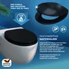 A black toilet seat on a white toilet, with marketing text and icons. Anteprima dell’immagine prodotto