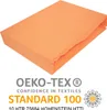 An orange fitted sheet folded and presented on a white background with certification logos. Produktbild-Vorschau